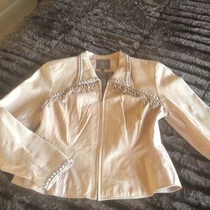 Unique Double D Ranch camel colored leather, fringe and stud jacket size S